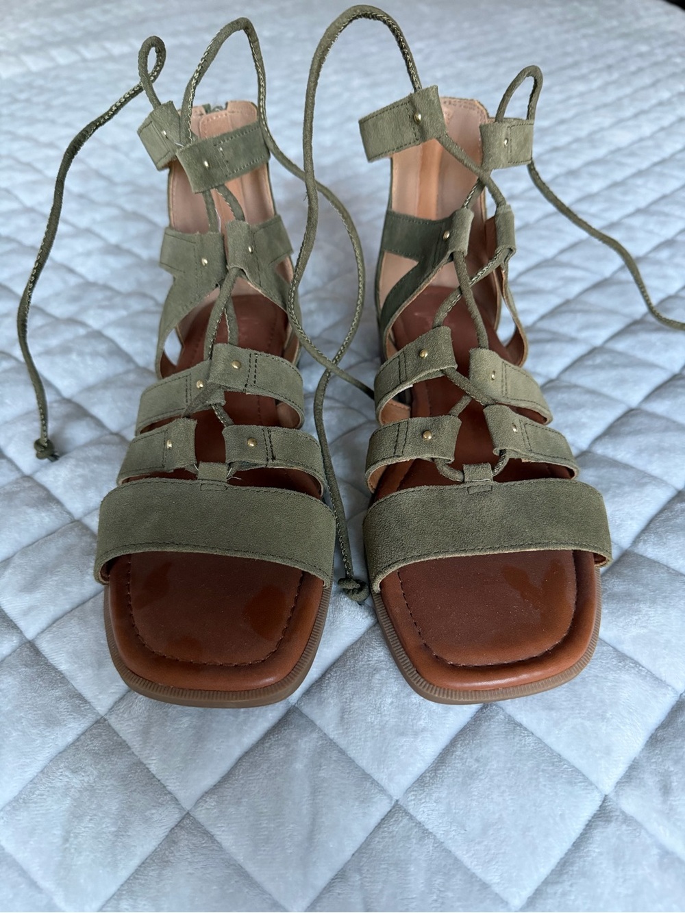 Women’s Crown Vintage Olive green suede lace up flat sandals. Never worn.